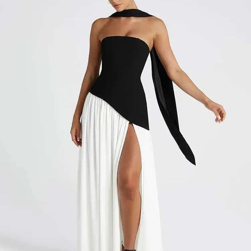 Load image into Gallery viewer, Strapless Off-shoulder Sexy Maxi Dress For Women Gown Patchwork Scarf Collar Thigh High Split Club Party Long Dress
