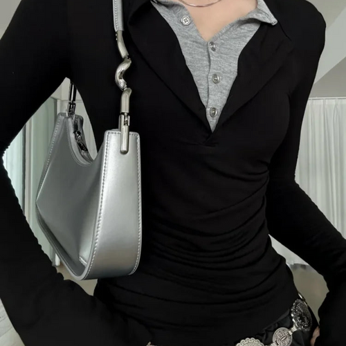 Load image into Gallery viewer, Korean Long Sleeve T Shirts Women's Clothing Patchwork Fake Two Tees O-neck Slim Fit Casual Fashion Y2k Tshirts 2025 Ropa Mujer
