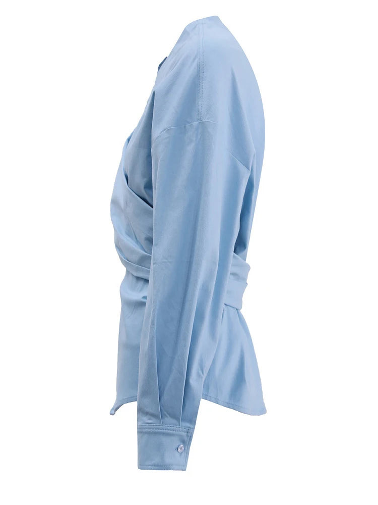 Women Light Yellow Irregular Corss Big Size Elegant Blouse New V-neck Long Sleeve Shirt Fashion Spring Autumn 2025 26D4283