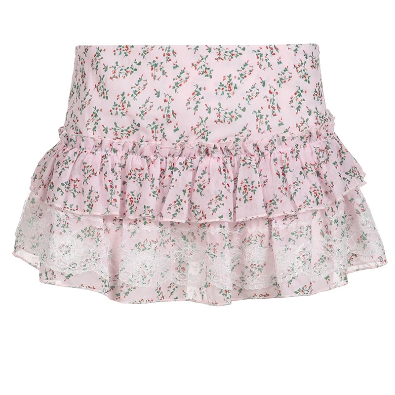 Hotsweet Korean Flowers Printed Summer Women's Skirts Lace Trim Ruffles Coquette Clothes Mini Pleated Skirt Cute