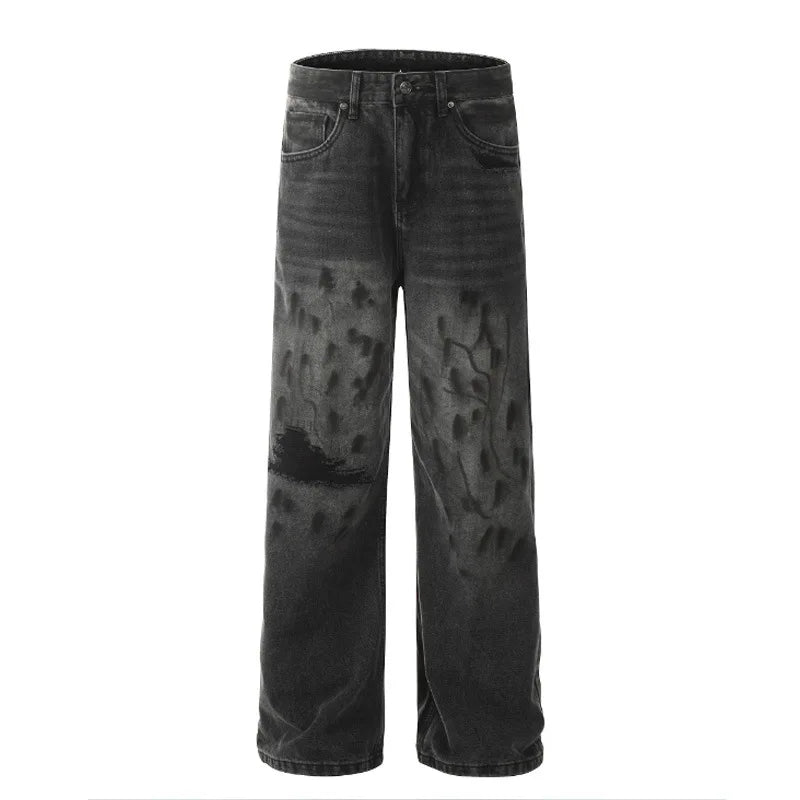 Graffiti Whiskers Men's Jeans Won-out Splash-ink Zipper Hip Hop Straight Leg Winter Male Denim Pants 2024 American 9C8814