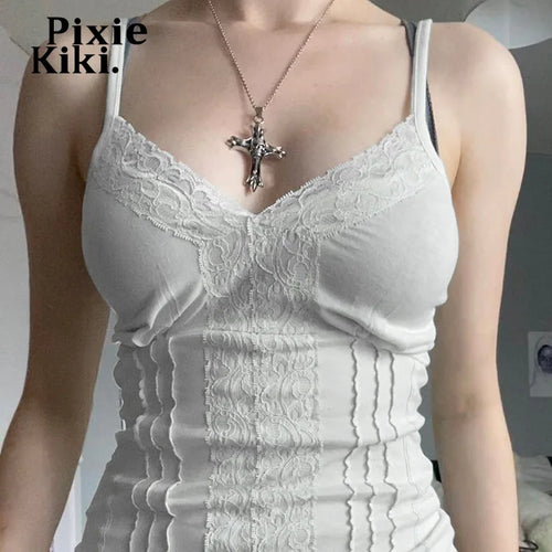 Load image into Gallery viewer, White Sexy Crop Tops Lace Camisole Undershirt Summer 2024 Women Clothes Deep V Neck Backless Coquette Tank Top P67BE15
