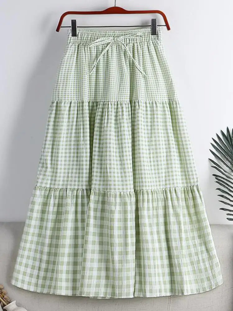 Skirt Womens Medium Long Elastic Waist A-line Vintage Plaid Skirts Female Summer Streetwear Casual Skirts Fashion 2022 New