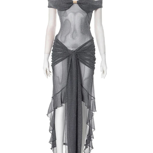 Load image into Gallery viewer, Mesh See Through Ruffled Sexy Maxi Dress For Women Gown Gray Off-shoulder Strapless Backless Ruched Long Dress Vestido

