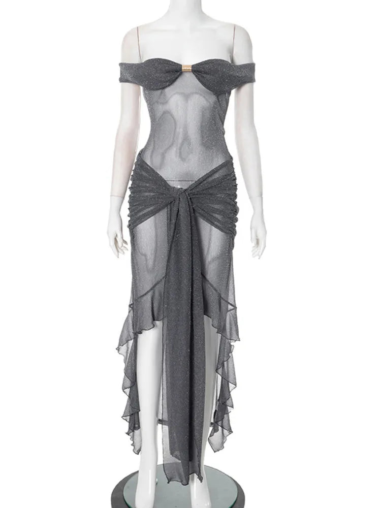 Mesh See Through Ruffled Sexy Maxi Dress For Women Gown Gray Off-shoulder Strapless Backless Ruched Long Dress Vestido