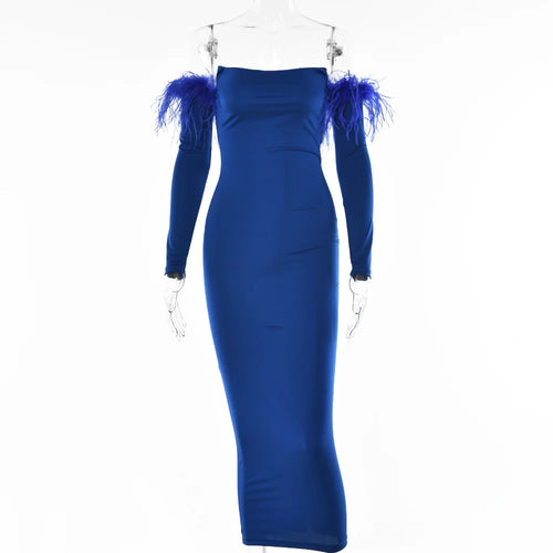 Load image into Gallery viewer, Elegant Off-shoulder Feather Sleeve Maxi Dress Women 2022 New Strapless Backless Bodycon Long Dress Vestido
