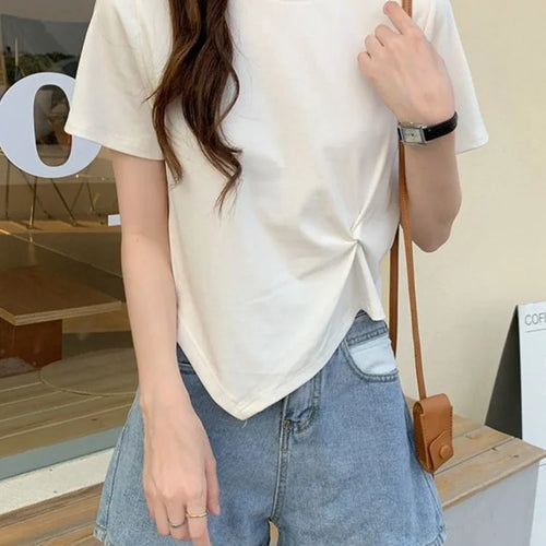 Load image into Gallery viewer, Y2K Irregular T-shirt Women Summer Skinny T Shirt Femme Solid Short Sleeve Korean Kpop Slim O-Neck Tshirt Woman Clothes Top
