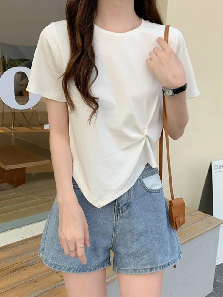 Y2K Irregular T-shirt Women Summer Skinny T Shirt Femme Solid Short Sleeve Korean Kpop Slim O-Neck Tshirt Woman Clothes Top