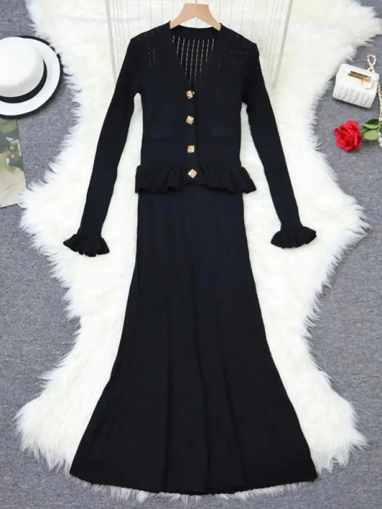 French Autumn 2024 New Women Black White Blue Single Breasted Knitted Dress Elegant Slim Office V-neck Ruffles Long Sleeve Dress