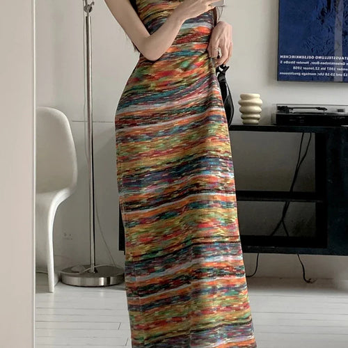 Load image into Gallery viewer, Colorful Stripes Slim Knitting Strapless Women&#39;s Dresses French Style O-neck Elegant Summer Female Dress Casual Dresses
