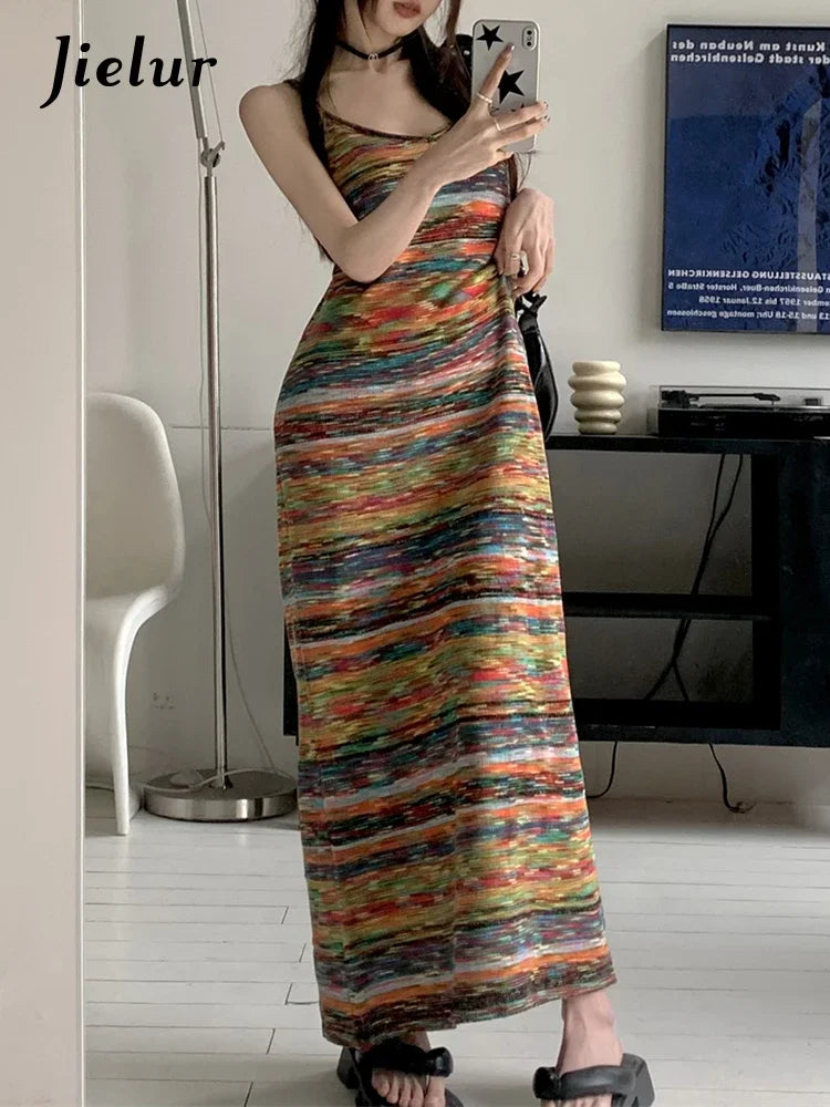 Colorful Stripes Slim Knitting Strapless Women's Dresses French Style O-neck Elegant Summer Female Dress Casual Dresses