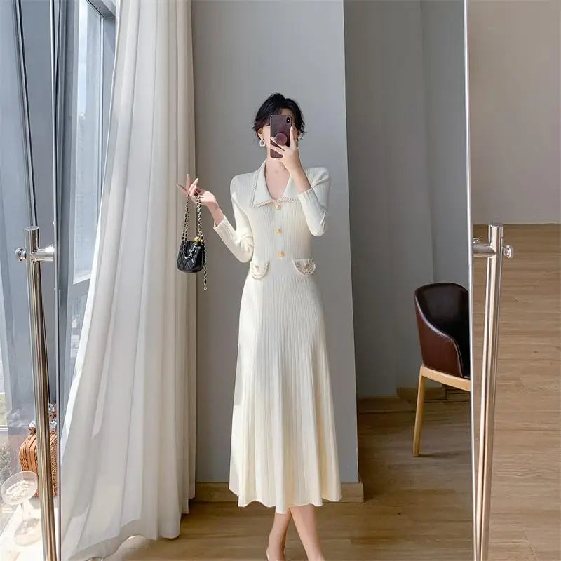 Women Lapel Single Breasted Patchwork Midi Sweater Dress Elegant Fashion Pullover Bodycon Streetwear Knit Dress 2023 New Autumn