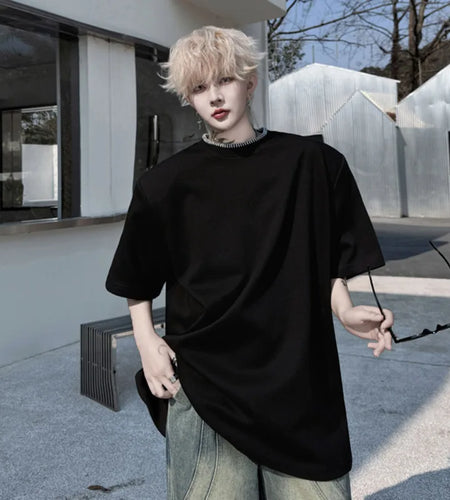 Summer Male Short Sleeved T-shirts Round Neck Collar Contrast Color Lines Decoration Loose Menwear Shoulder Pad 9W1496