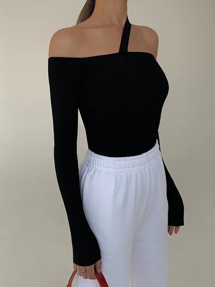 Slim Black Sweater For Women Irregular Collar Off Shoulder Long Sleeve Minimalist Knitting Pullover Female