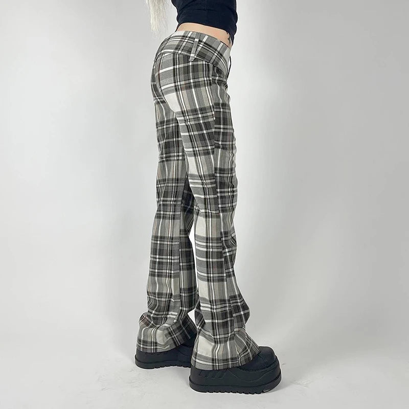 Y2k Vintage Belt Low Rise Plaid Trousers Harajuku Korean Style Female Pants Boot Cut 2000s Aesthetic Capris Checkered