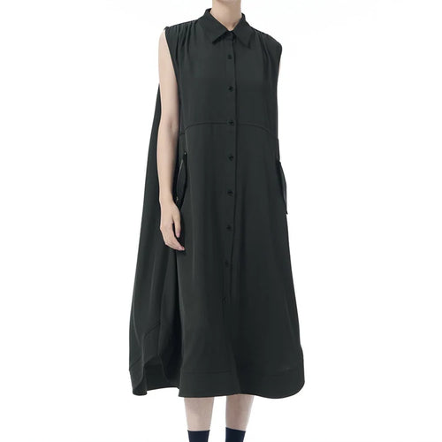 Load image into Gallery viewer, Women Dark Gray Zipper Pocket Big Size Midi Shirt Dress New Lapel Sleeveless Fashion Tide Spring Summer 2025 1DJ0950
