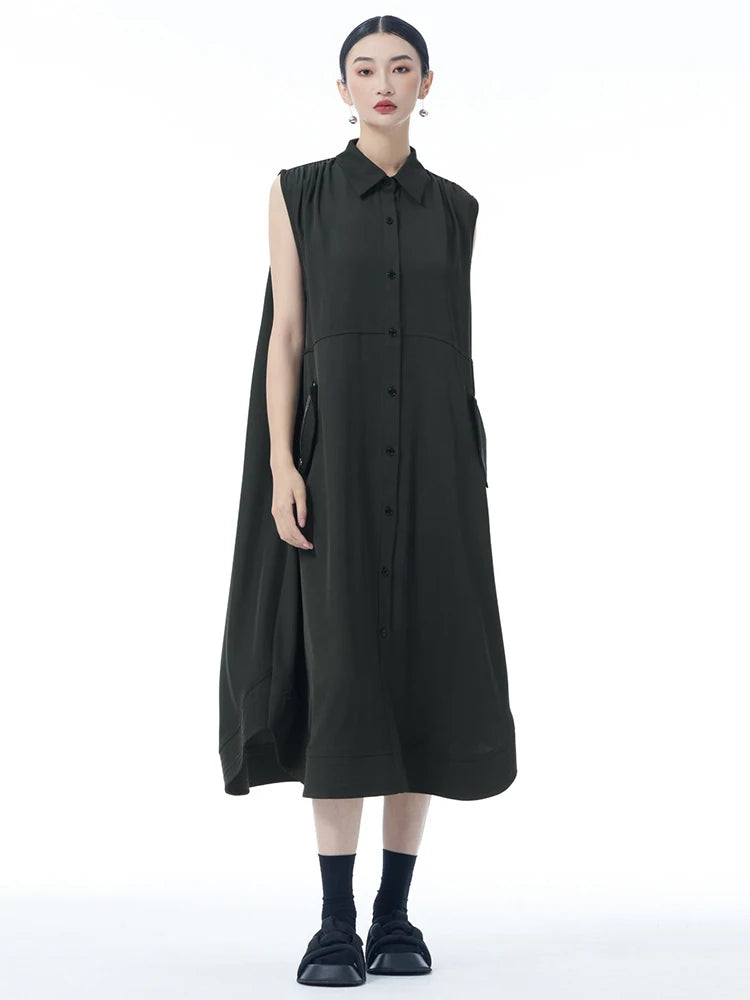 Women Dark Gray Zipper Pocket Big Size Midi Shirt Dress New Lapel Sleeveless Fashion Tide Spring Summer 2025 1DJ0950