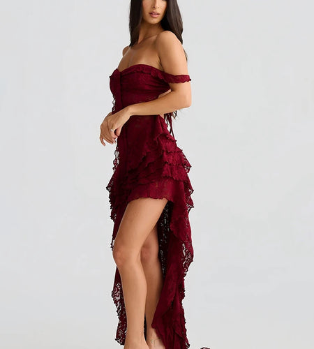 Lace Ruffle Sexy Maxi Dress Women Fashion Summer Off-shoulder Strapless Sleeveless Backless Beach Holiday Club Dress