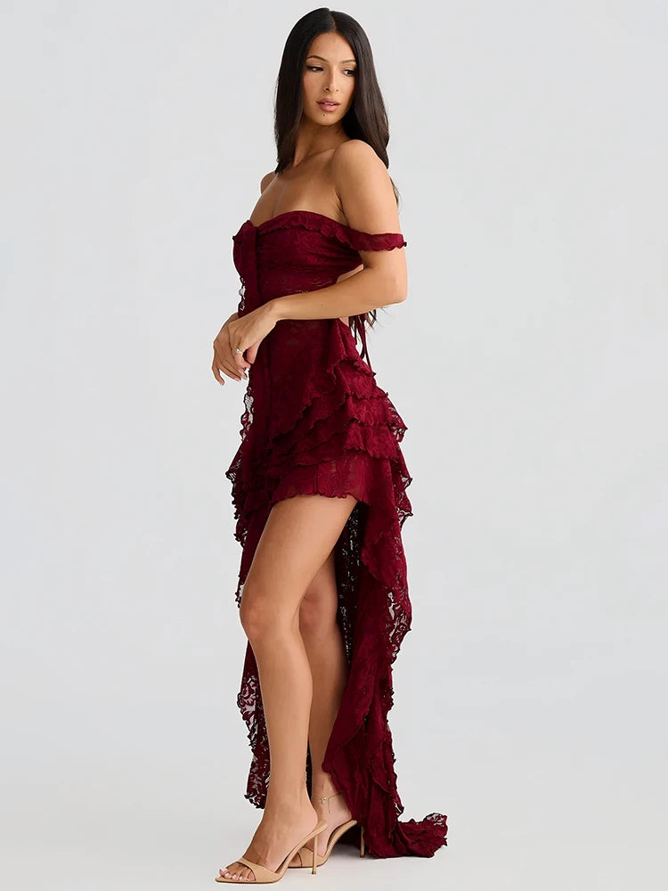 Lace Ruffle Sexy Maxi Dress Women Fashion Summer Off-shoulder Strapless Sleeveless Backless Beach Holiday Club Dress