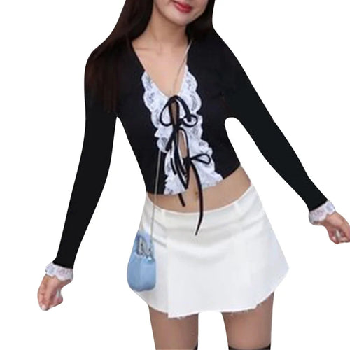 Load image into Gallery viewer, y2k Crop Top Women Aesthetic Clothes Lace Trim Patchwork Tie Front Long Sleeve Tee Shirt 2000s Clothing Streetwear
