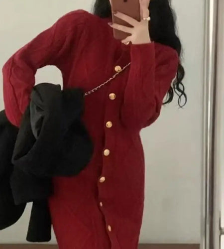 Women Solid Single Breasted Wrap Hip Mini Dress Autumn Winter Elegant Round Neck Sweater Short Dress 2024 Korean Vintage Popular