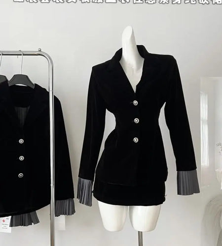 French Retro Women Black Patchwork Suit Autumn Winter New Elegant Slim Blazer Coat And High Waist Shorts Skirt Two Piece Set New