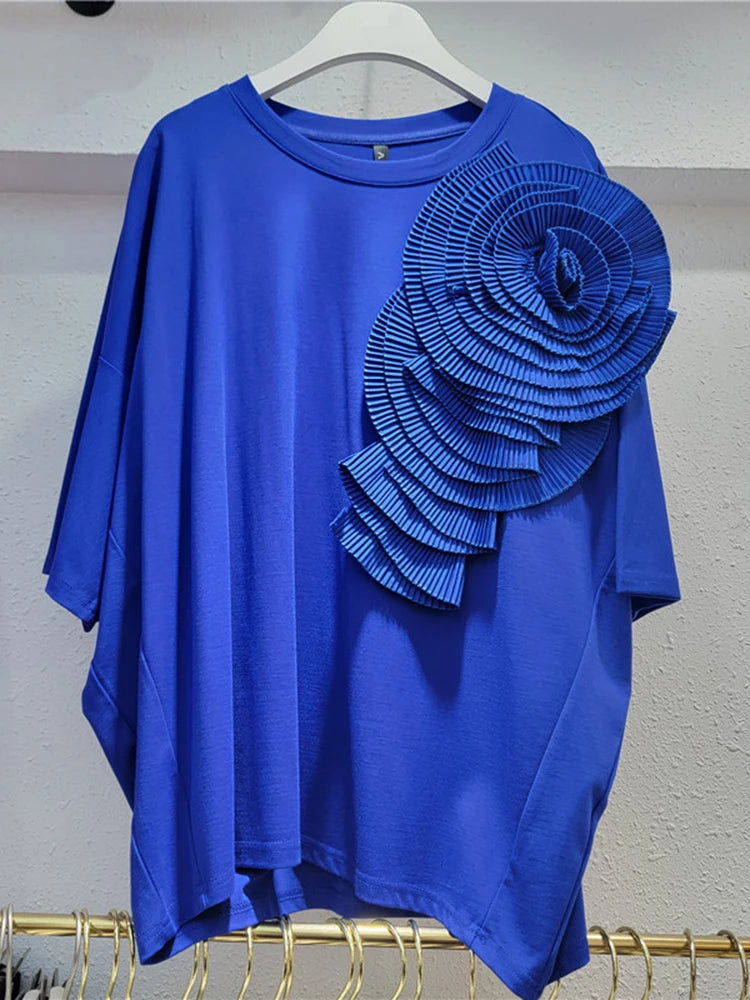 Women Rose Red Three-dimensional Flower Big Size T-shirt New Round Neck Short Sleeve Fashion Spring Summer 2025 1DH9985