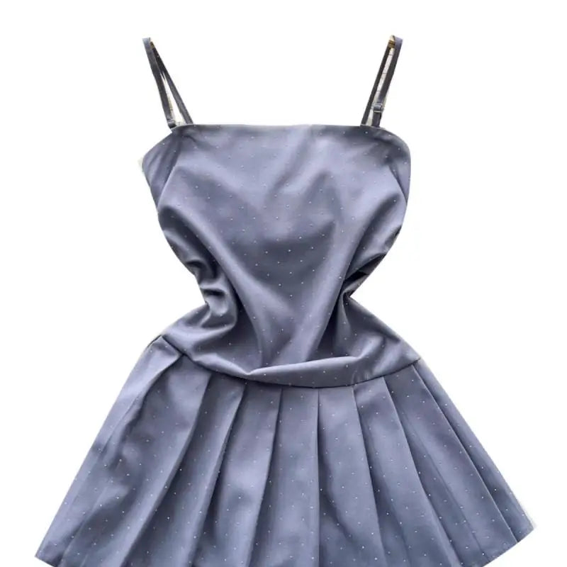 Korean Summer Black Diamond Elegant Party Slip Mini Dress Woman 2024 New Gray Slim A-line Sexy Club Backless Pleated Short Dress