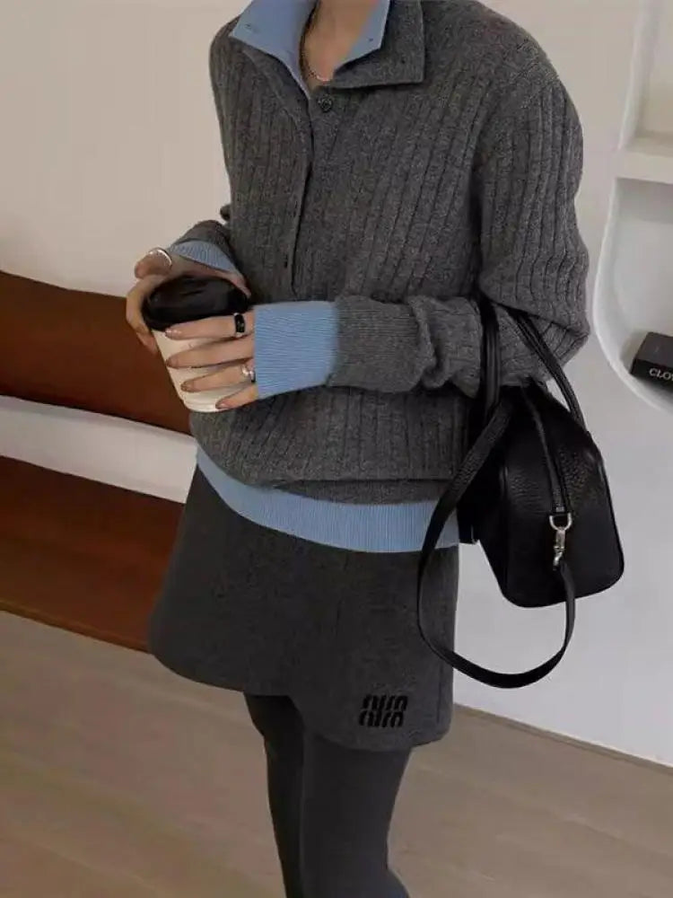 Autumn Winter Black Patchwork Long Sleeve Knit Pullovers Tops Vintage Women Grey Single Breasted Sweater Trend Streetwear Casual