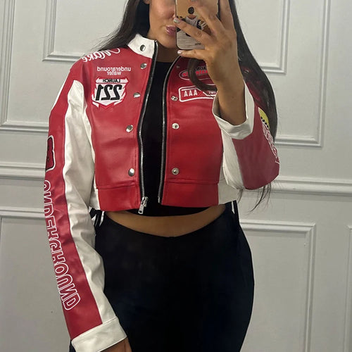 Load image into Gallery viewer, Hipster Patchwork Jacket Women Y2K Letter Print Hipster Uniform Street Single-Breasted Hipster Autumn Trend Zip Coats
