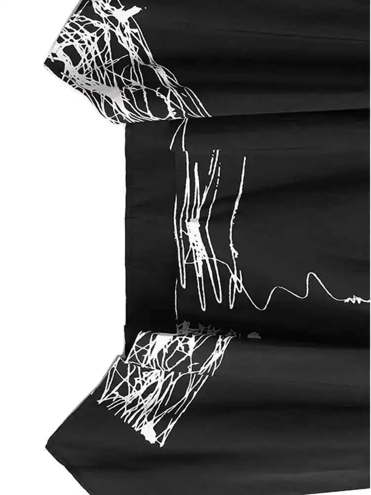 Women Black Pattern Printed Big Size Irregular T-shirt New Round Neck Short Sleeve Fashion Tide Spring Summer 2025 1DH6612