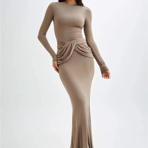 Load image into Gallery viewer, Diagonal Collar Long Sleeve Maxi Dress For Women Autumn Winter New Solid High Waist Ruched Bodycon Sexy Long Dress
