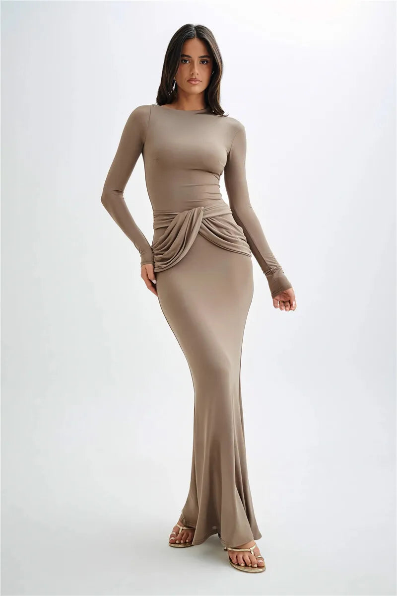 Diagonal Collar Long Sleeve Maxi Dress For Women Autumn Winter New Solid High Waist Ruched Bodycon Sexy Long Dress