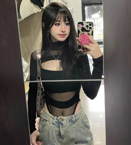 Harajuku Hollow Out Grunge Slim Jumpsuits Women Y2k Aesthetic Gauze Patchwork T-shirt 2025 Streetwear Half High Collar Sexy Tops