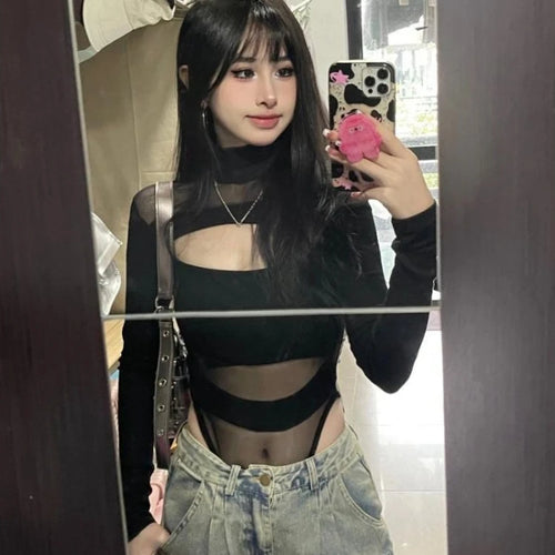 Load image into Gallery viewer, Harajuku Hollow Out Grunge Slim Jumpsuits Women Y2k Aesthetic Gauze Patchwork T-shirt 2025 Streetwear Half High Collar Sexy Tops
