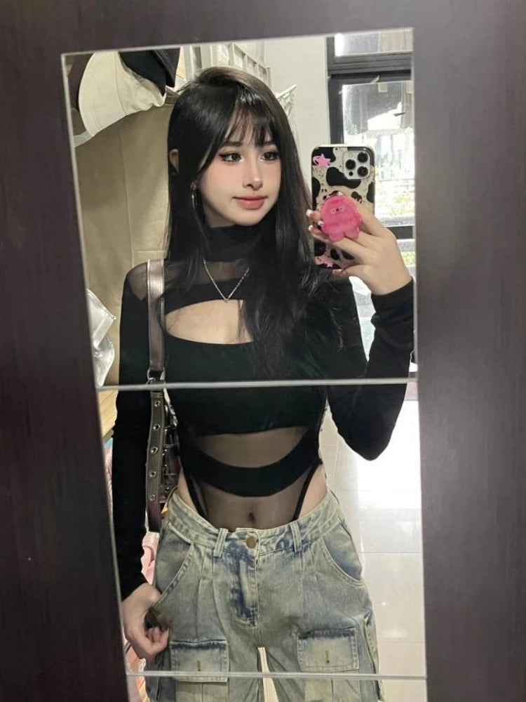 Harajuku Hollow Out Grunge Slim Jumpsuits Women Y2k Aesthetic Gauze Patchwork T-shirt 2025 Streetwear Half High Collar Sexy Tops
