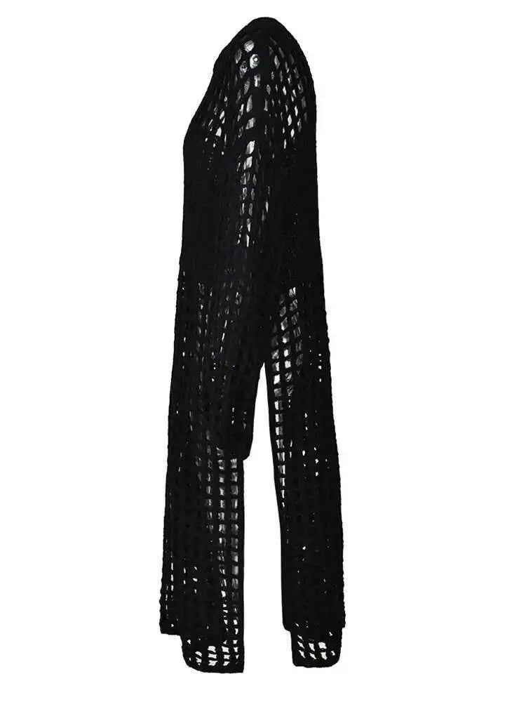 Women Black Knittng Hollow Out Big Size Long Dress New Round Neck Long Sleeve Fashion Tide Spring Autumn 2025 5WA10401