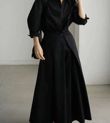 Women Beige Pleated Long Big Size Elegant Dress New Lapel Long Sleeve Loose Fit Fashion Tide Spring Autumn 2025 1DE91400