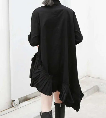 Women Black Pleated Irregular Casual Shirt Dress New Stand Collar Long Sleeve Loose Fit Fashion Spring Autumn 2025 1DF4825