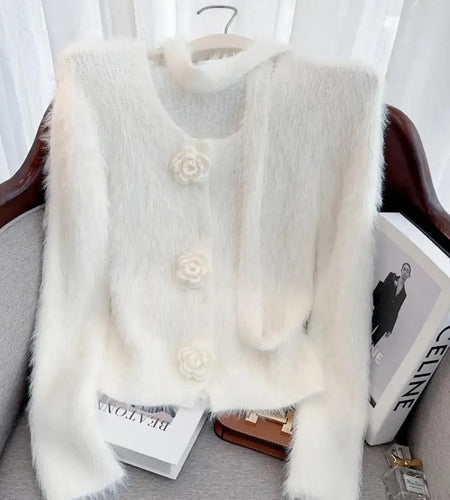 French Vintage Women Solid Elegant Long Sleeve Knitted Mink Sweater 2024 New Autumn Winter Ladies Round Neck Flower Cardigan Top