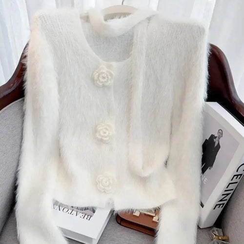 Load image into Gallery viewer, French Vintage Women Solid Elegant Long Sleeve Knitted Mink Sweater 2024 New Autumn Winter Ladies Round Neck Flower Cardigan Top
