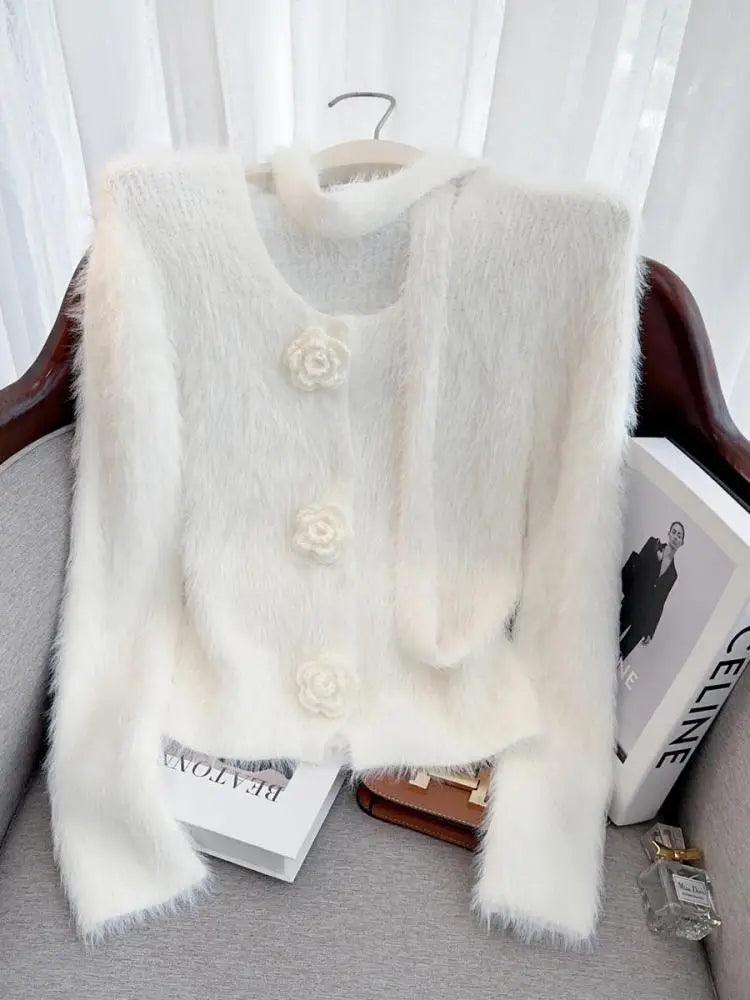 French Vintage Women Solid Elegant Long Sleeve Knitted Mink Sweater 2024 New Autumn Winter Ladies Round Neck Flower Cardigan Top