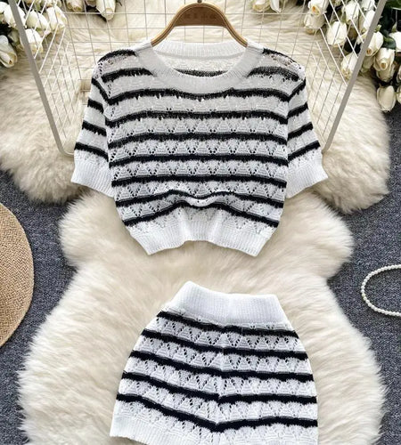 Summer Women Korean Black White Striped Hollowed Out Short Sleeve Knit Tops And High Waist Shorts Streetwear Casual Holiday Sets