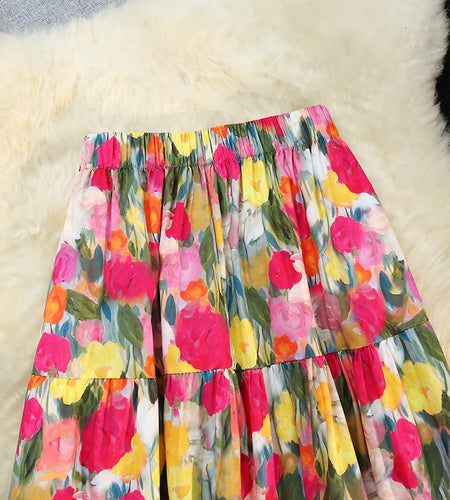 Spring Summer French Retro Print Elegant Long Skirts Women Festival Elastic High Waist Party Slim A-line Pleated Skirt Bohemian