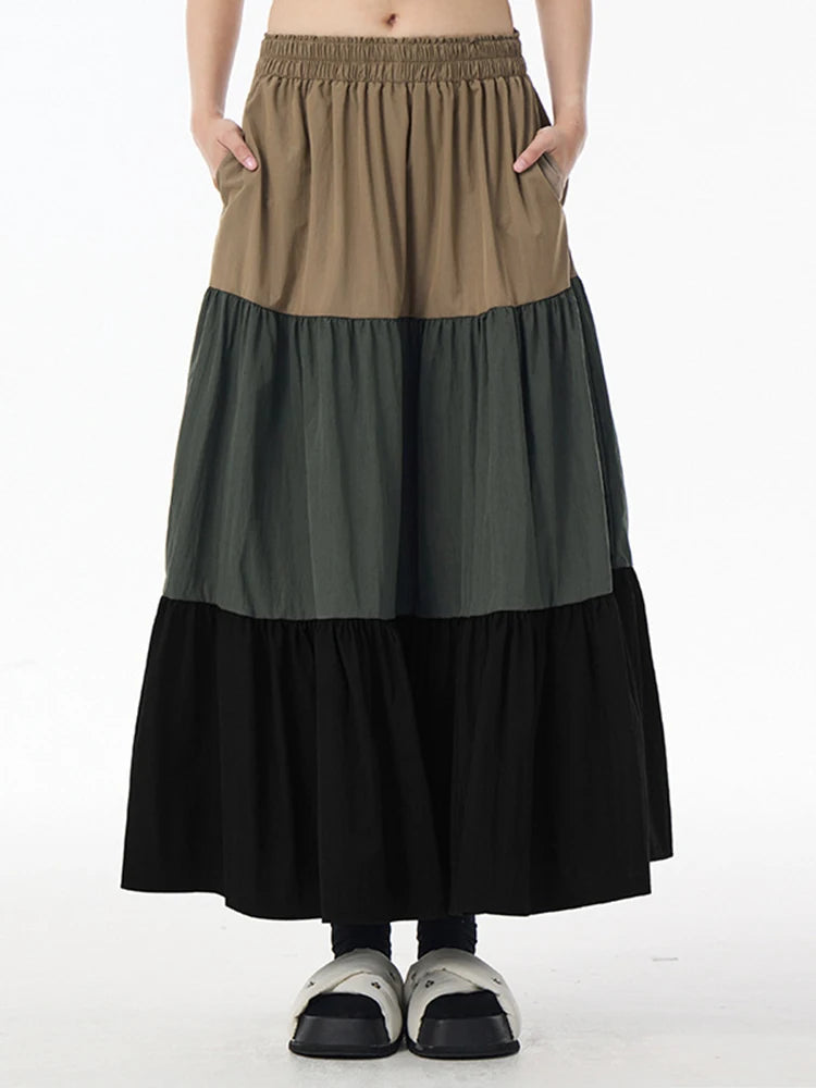 High Elastic Waist Green Color-block Pocket A-line Cake Half-body Skirt Women Fashion Tide New Spring Autumn 2025 1DJ0956