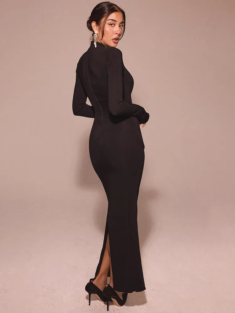 Elegant Long Sleeve Elastic Tight Party Evening Dress Women 2025 Autumn/Winter Fashion Vestidos New Slim Female Clothing