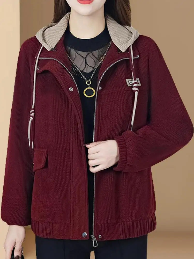 Korean Autumn Winter Black Brown Velvet Thick Zipper Short Coat For Women 2024 Popular Trend Red Loose Casual Hooded Tops Jacket