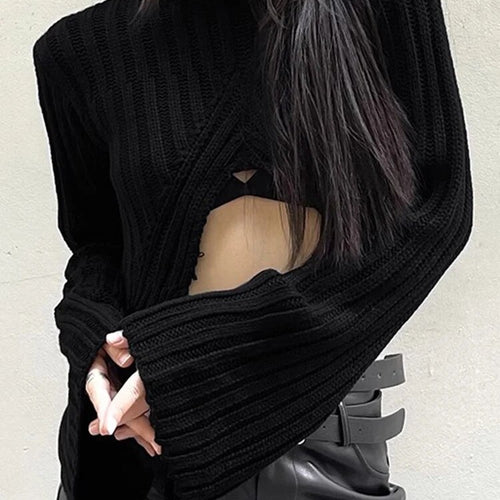 Load image into Gallery viewer, Solid Split Hem Sexy Knitting Sweaters For Women Half High Collar Flare Sleeve Chic Sweater Female Fashion Clothing
