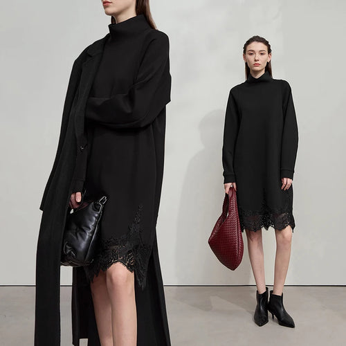 Womens Dresses 2025 Winter New Minimalist Solid Color Turtleneck Loose Dress Ladies Patchwork Lace Woman Clothing 12543136
