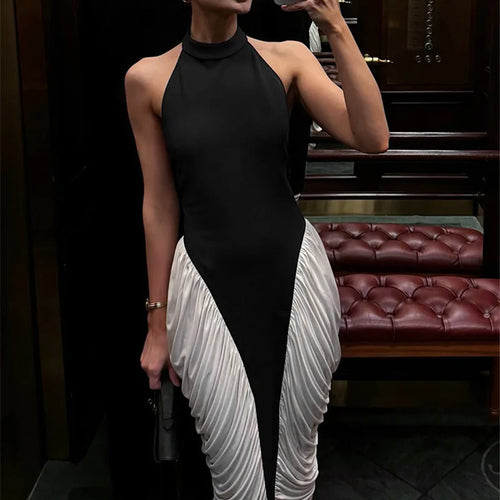 Load image into Gallery viewer, Patchwork Halter Backless Sexy Midi Dress Women Gown Elegant Fashion Contrast Color Sleeveless Pleated Long Dress
